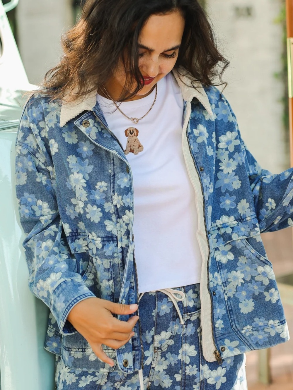 NWT ENTRO DENIM FLOWER ACCENT ZIP JACKET